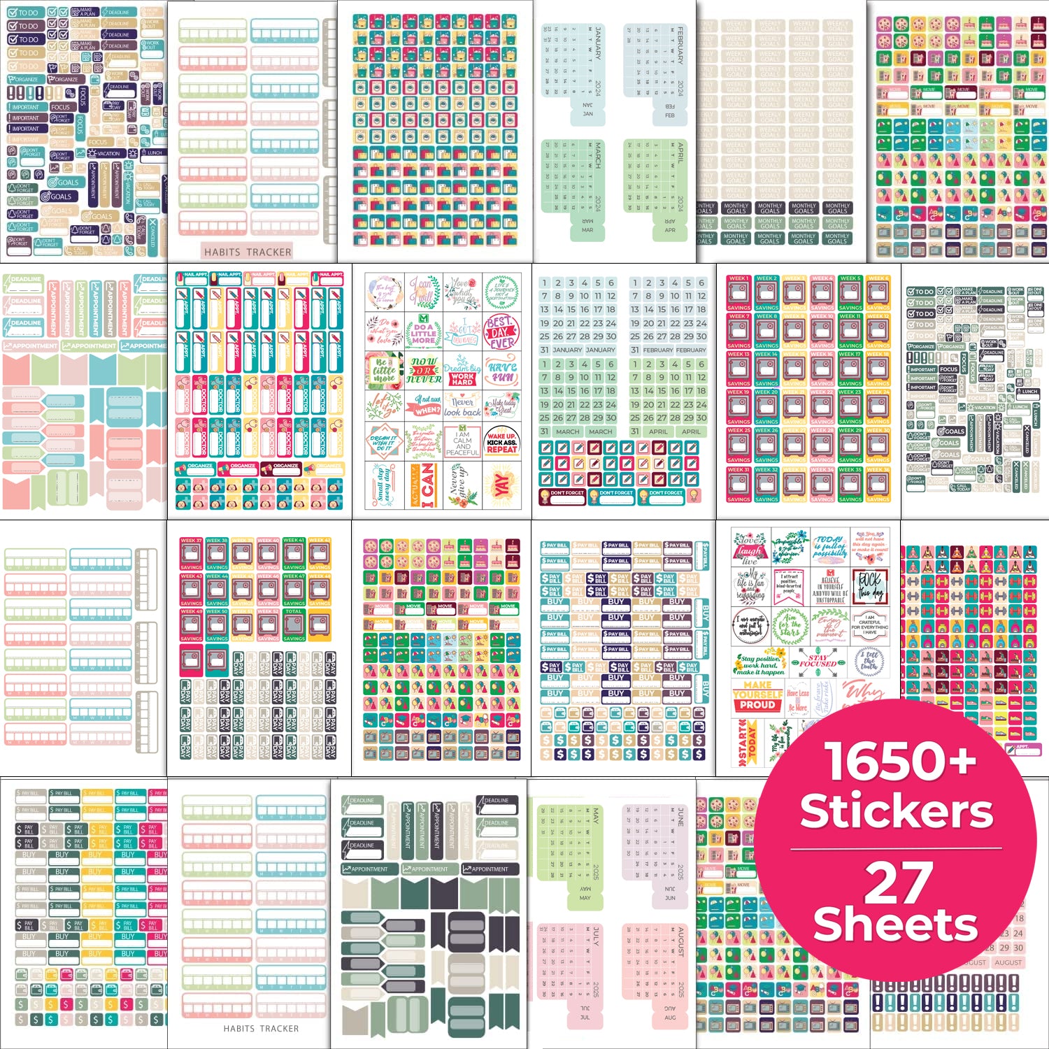 Little More Happy Planner Stickers – 27 Sheets – 1650+ Productivity  Stickers for Your Organizer Planner – 2024-2025 Calendar Stickers & Planner